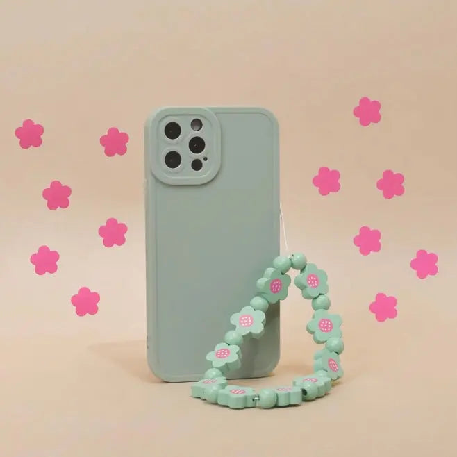 Telefoonkoordje met kralen - groene en roze bloemen